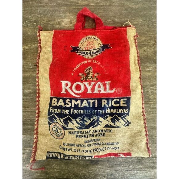Royal Basmati Rice 20 lb Hemp Burlap Bag w Handles & Zipper 17 1/2” x 14” - Picture 3 of 6